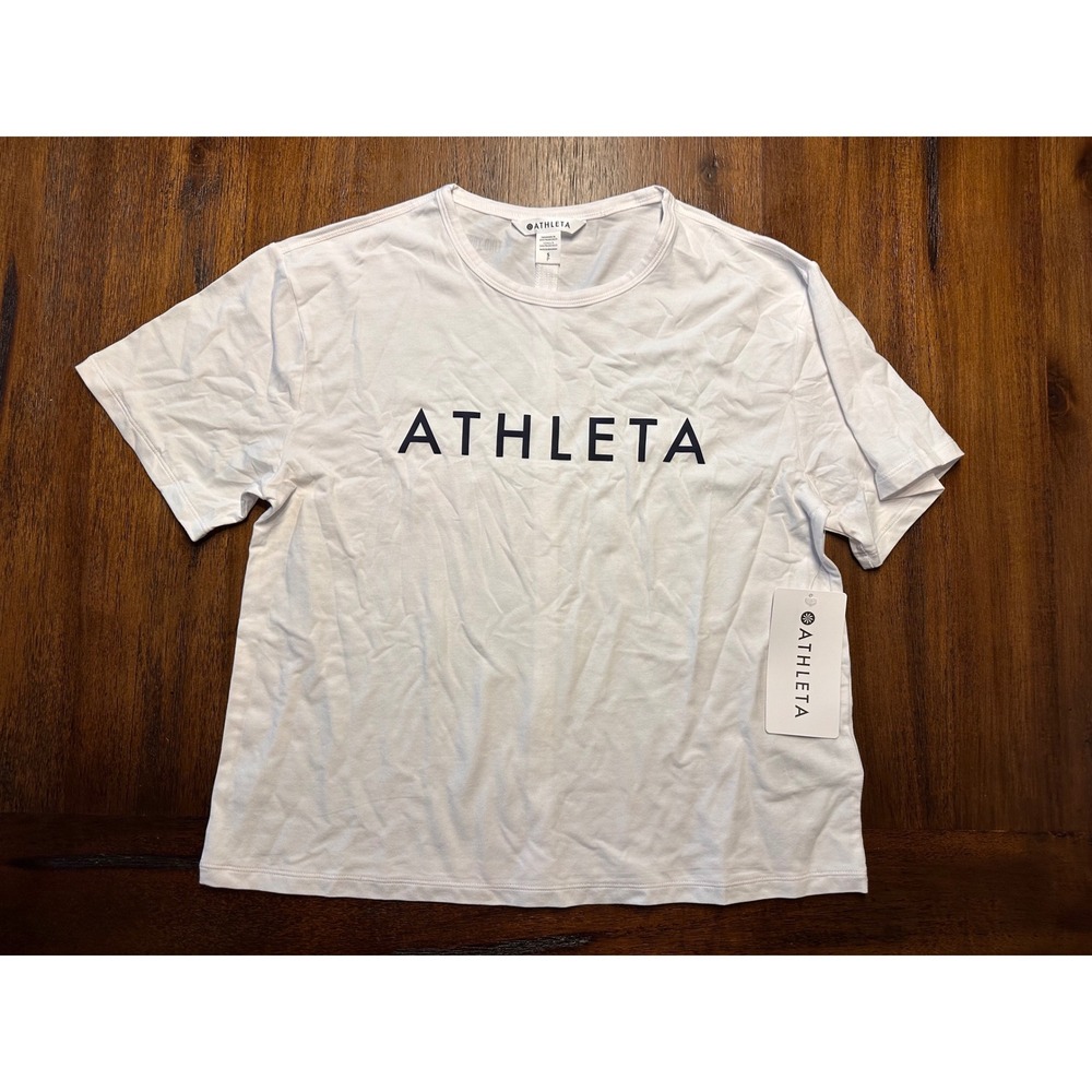 Athleta Essential Graphic Tee White Logo Short Sleeve Supima Cotton T-Shirt S